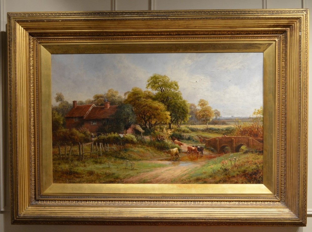 Beautiful Large 19th Century Oil on Canvas of Cattle near a River. By Robert J Hammond