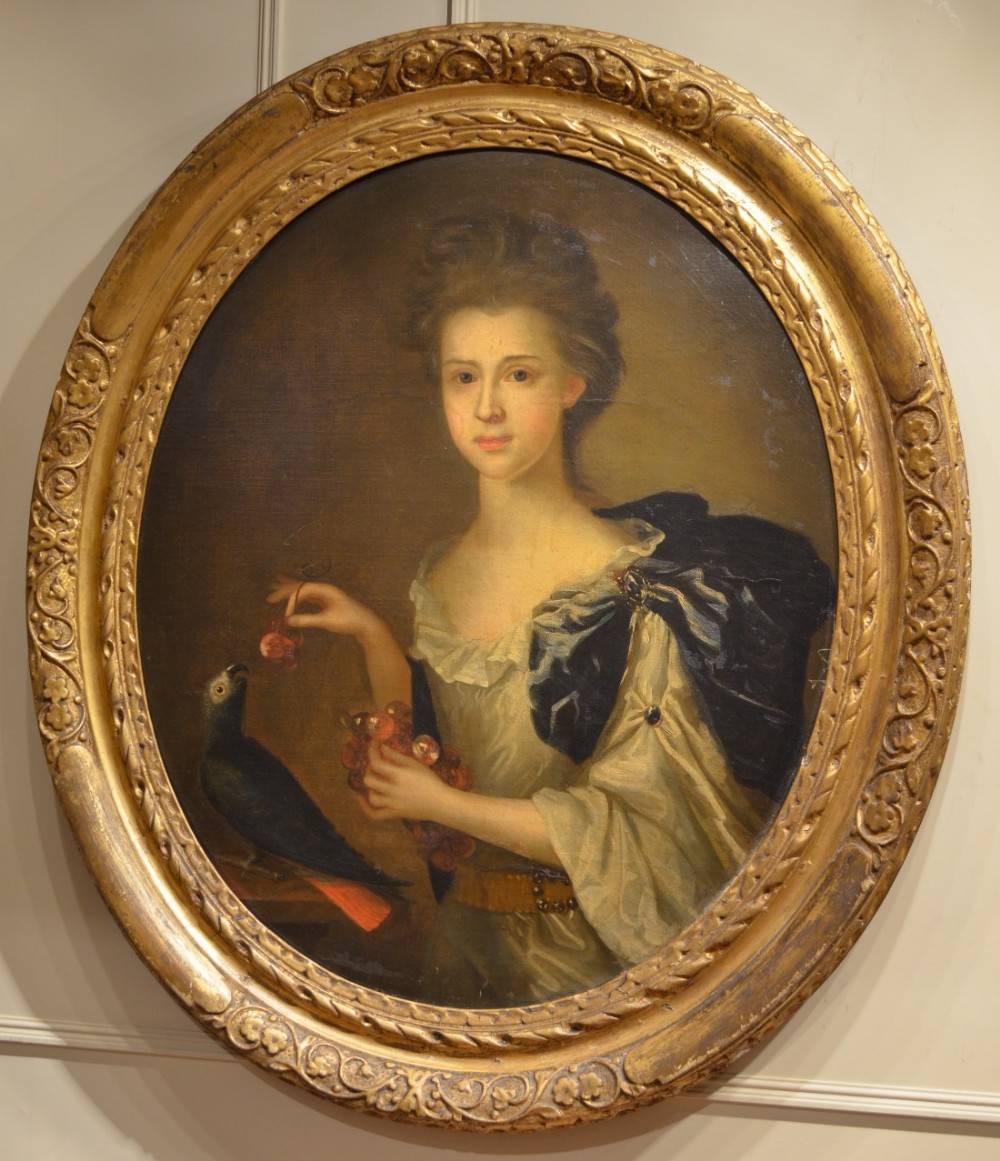 18th Century English School Oval Portrait of A Young Lady and a Parrot