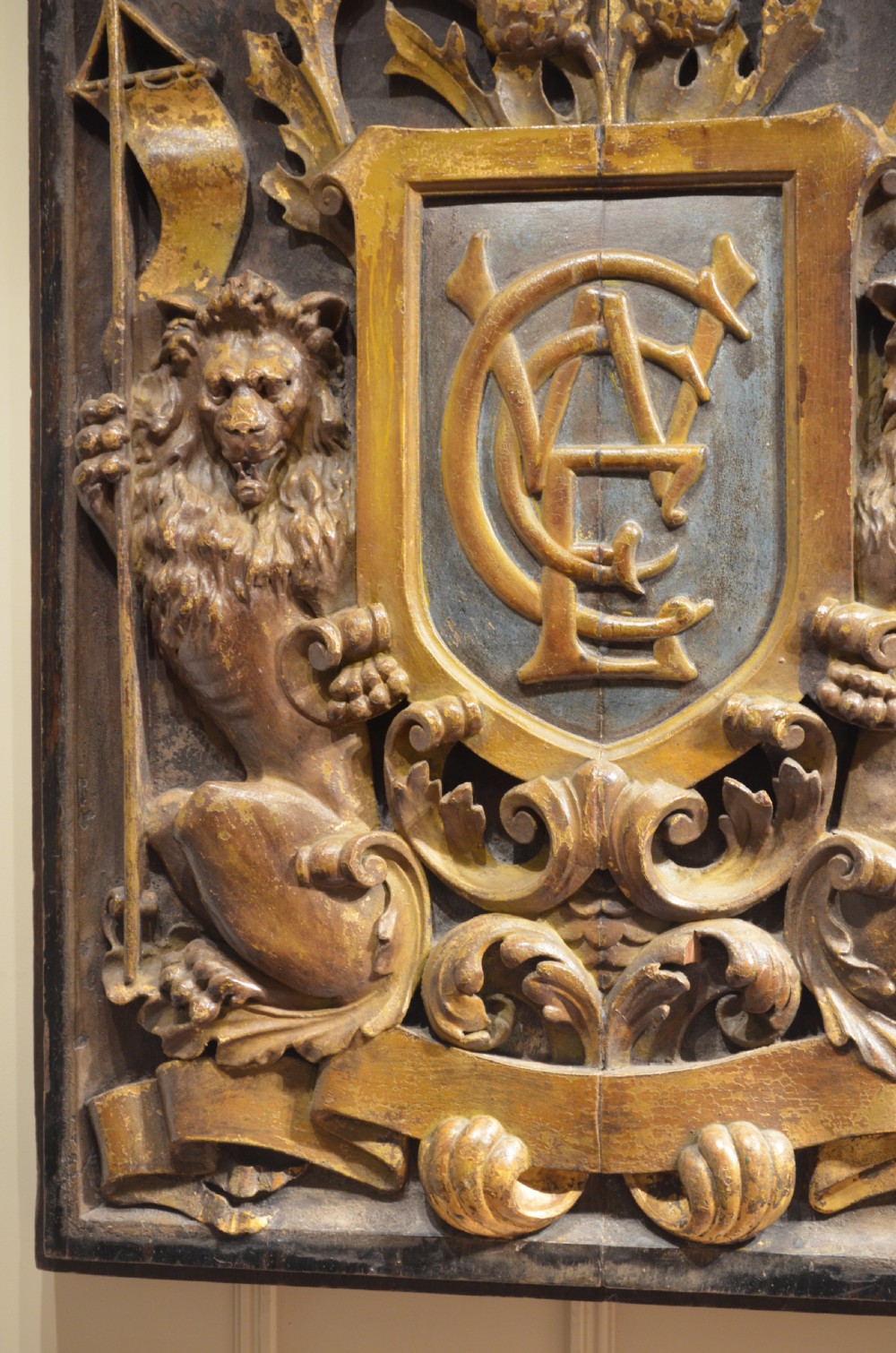 Decorative Early 18th Century Carved and Polychromed Armorial Plaque. View III