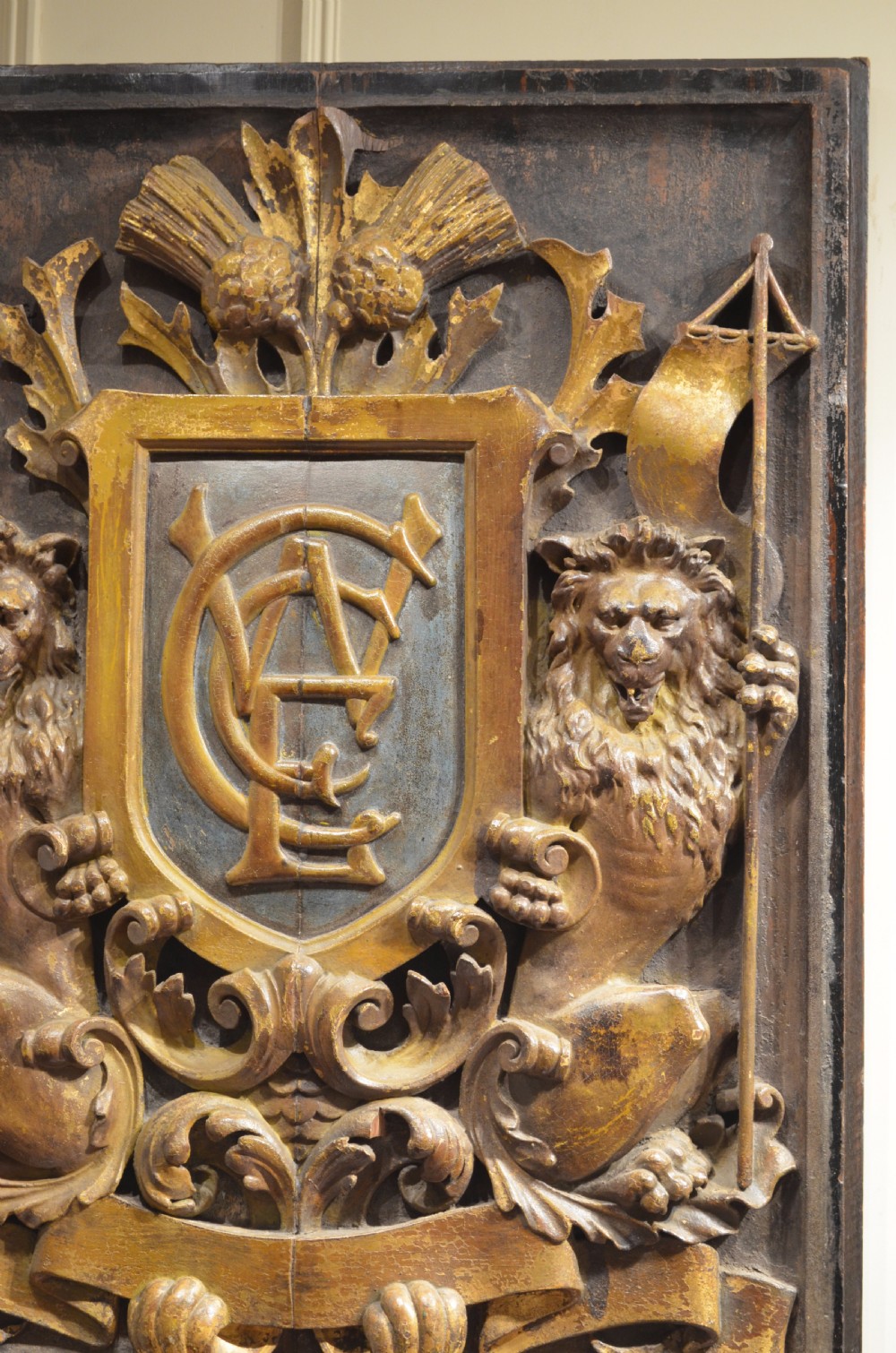 Decorative Early 18th Century Carved and Polychromed Armorial Plaque. View IV