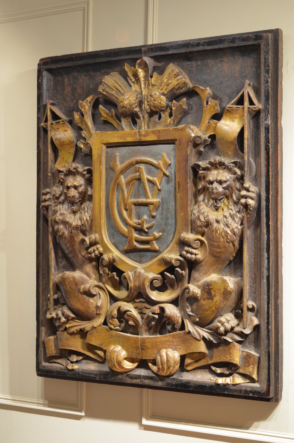 Decorative Early 18th Century Carved and Polychromed Armorial Plaque. View V