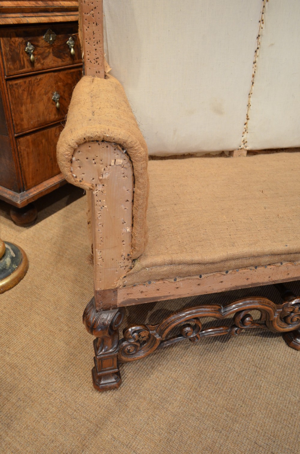 A Stunning Walnut William and Mary Style Settee. View IV