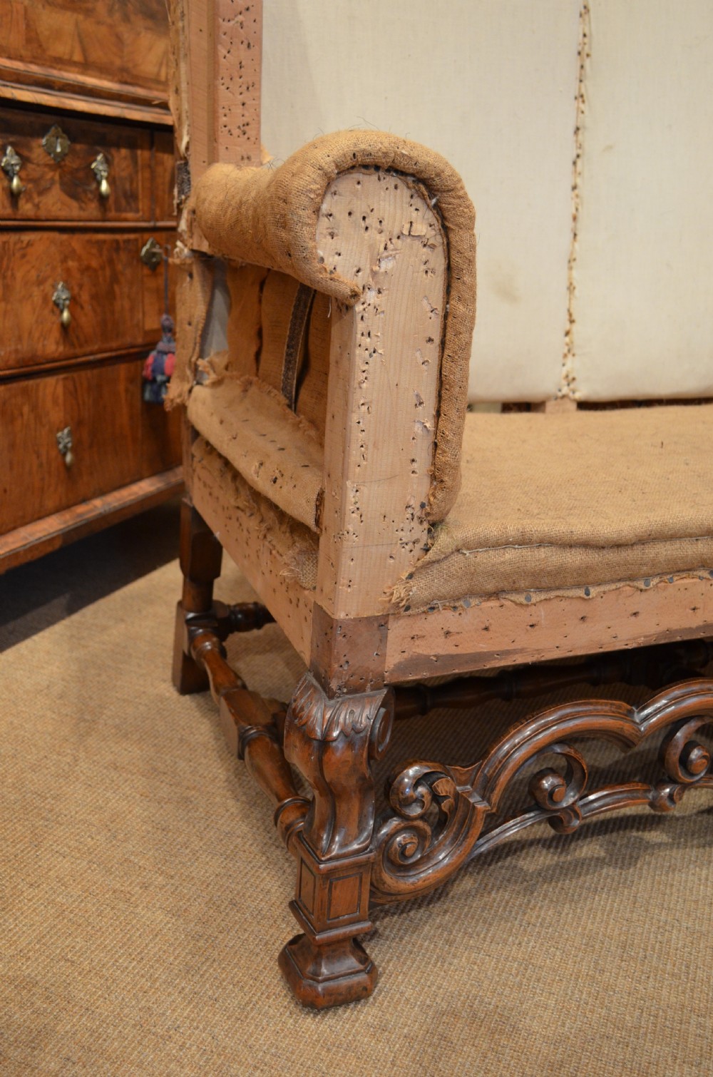 A Stunning Walnut William and Mary Style Settee. View IX