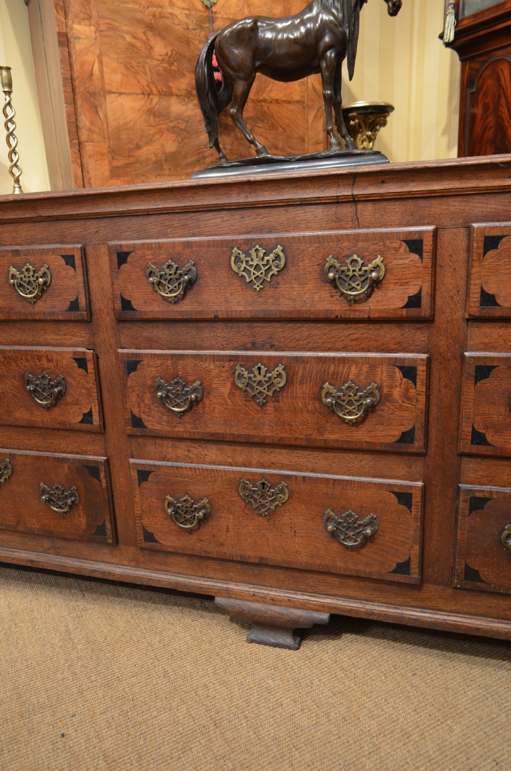A Very Impressive Oak Dresser Base with nine drawers. View VIII