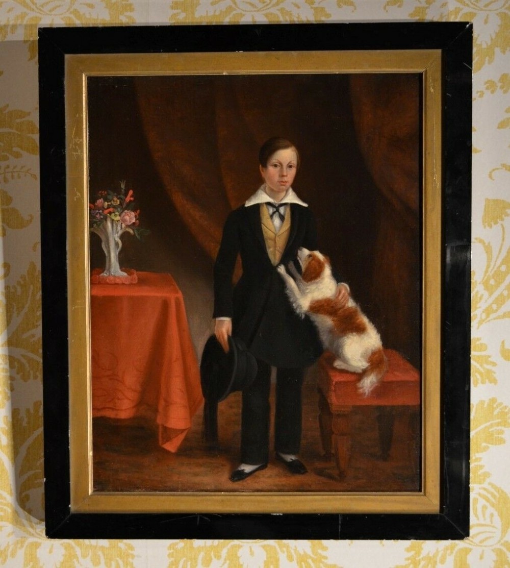 Beautiful 19th C Portrait of young boy with dog