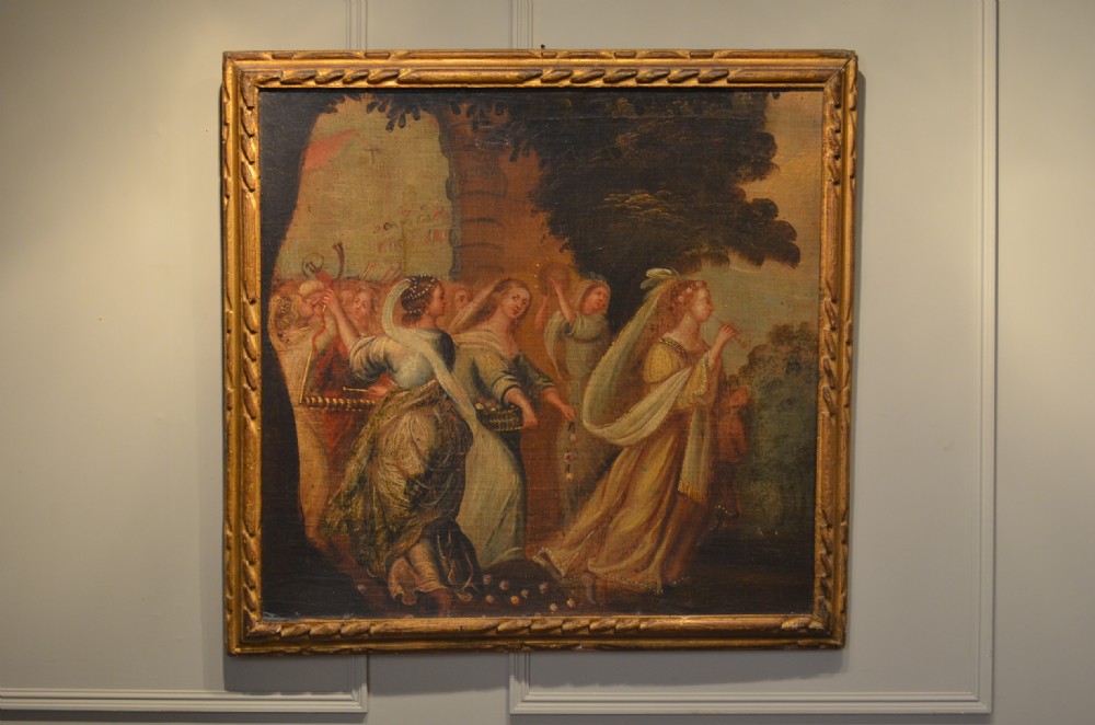 Early Mid 17th Century  Italian Oil of Musical Procession. Original carved frame