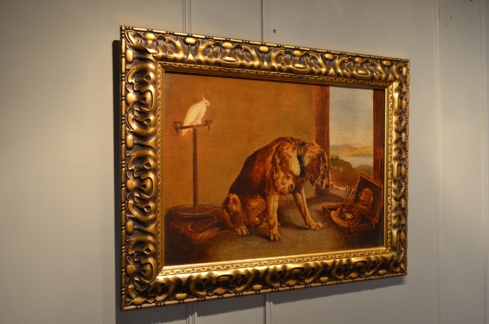 Fabulous 19th Century Oil on canvas of a Dog painting a self portrait 