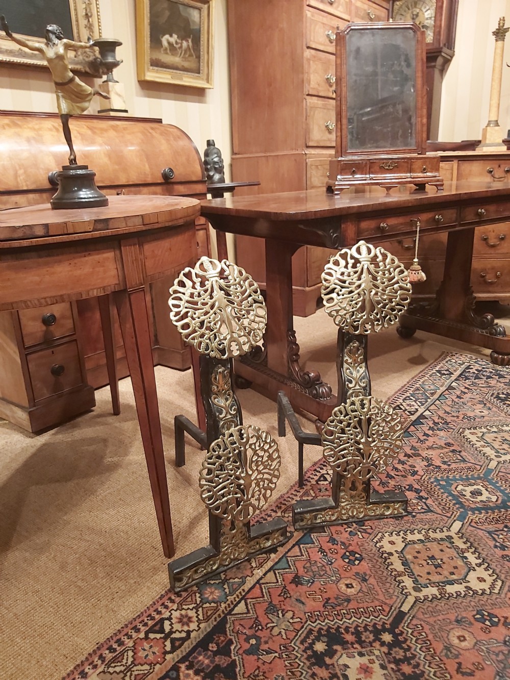 Pair of Arts & Crafts Brass and Iron Fire Dogs