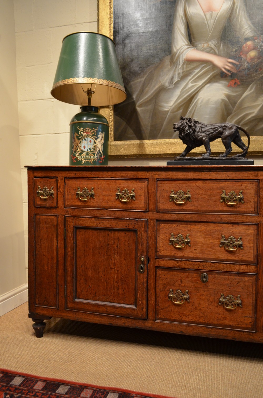 Beautiful Georgian Oak and Mahogany Banded Cupboard Base Dresser. View II