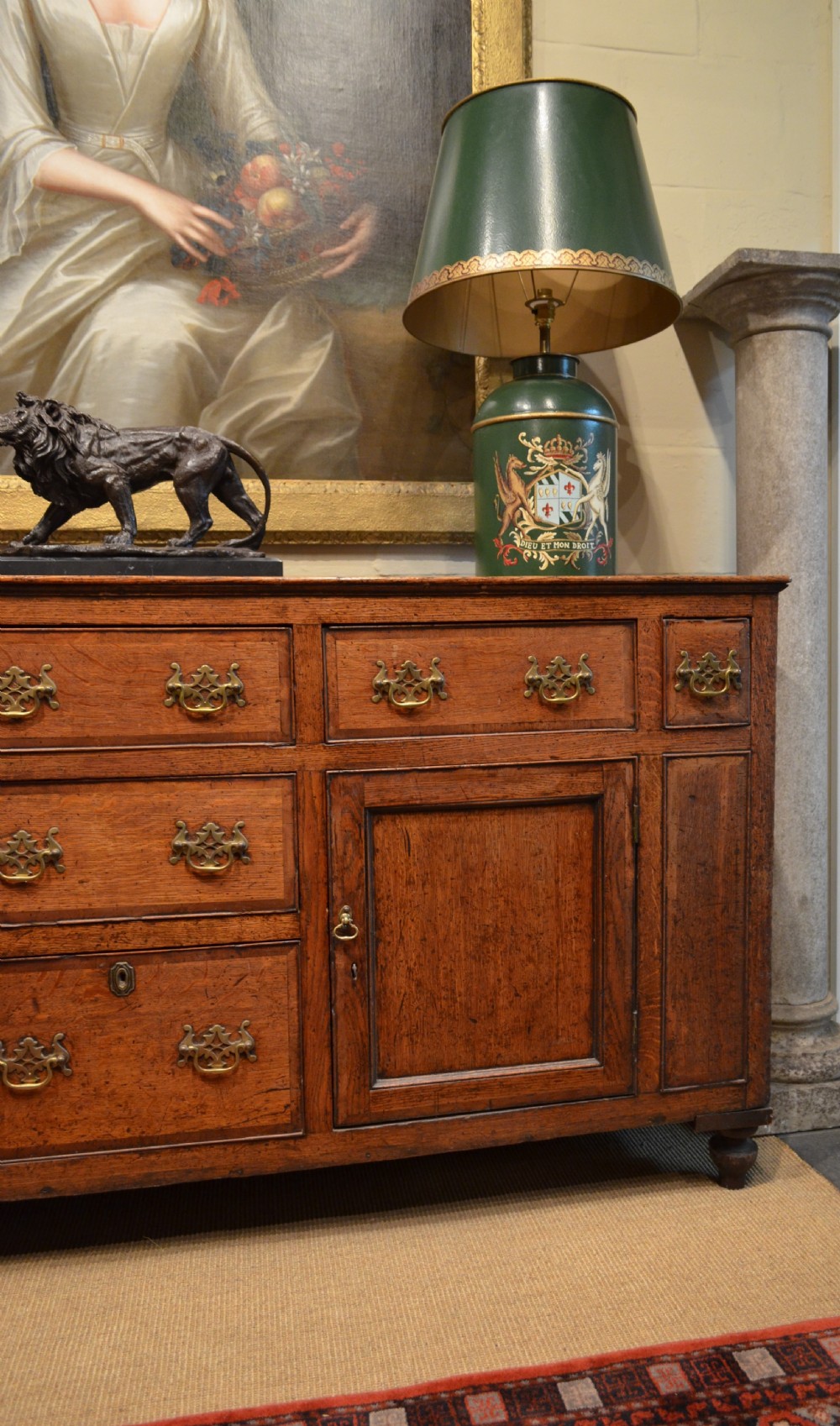 Beautiful Georgian Oak and Mahogany Banded Cupboard Base Dresser. View III