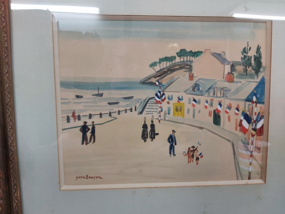 Framed coastal watercolour painting by Yves Brayer featuring figures along a seaside promenade enclosed in a carved gilt frame. View VI