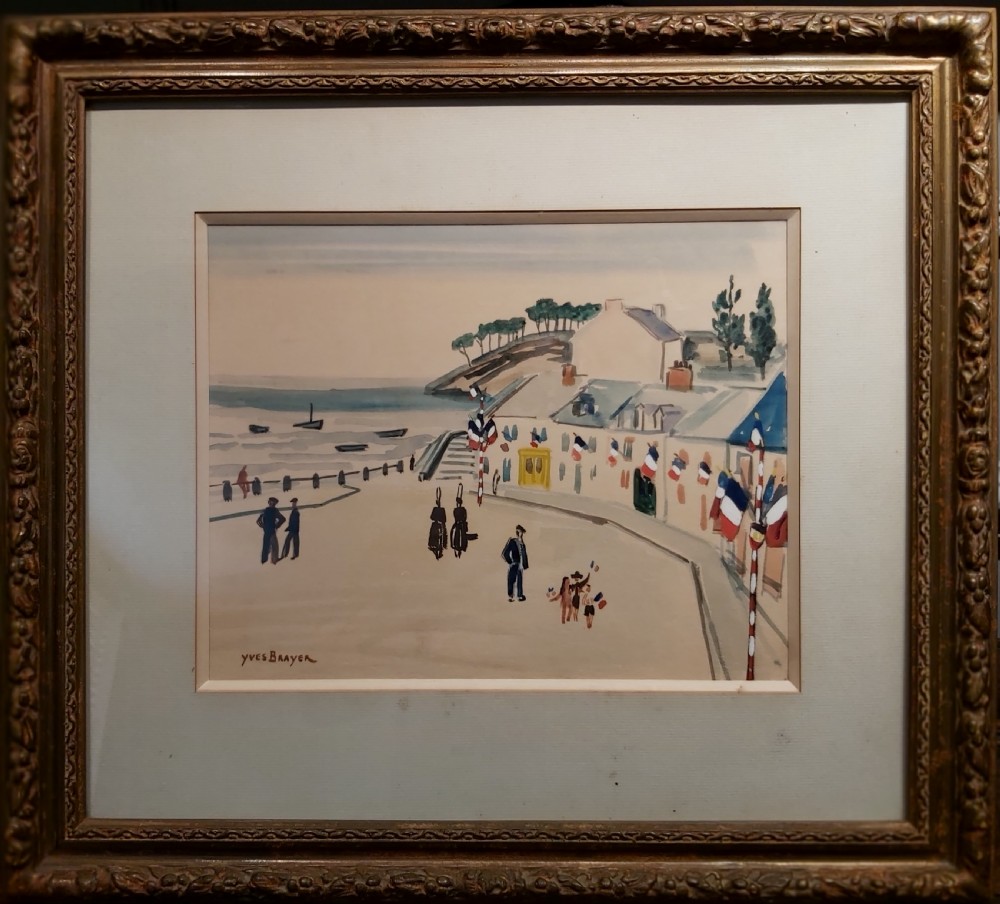 Framed coastal watercolour painting by Yves Brayer featuring figures along a seaside promenade enclosed in a carved gilt frame. View VIII