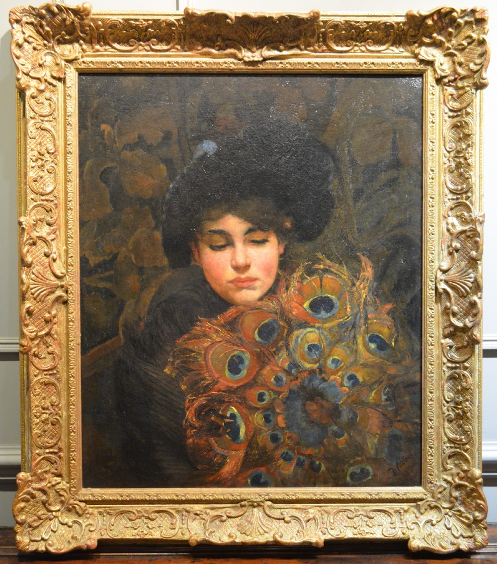 Beautiful 19th Century Oil portrait of a Parisian Lady with Peacock feather fan