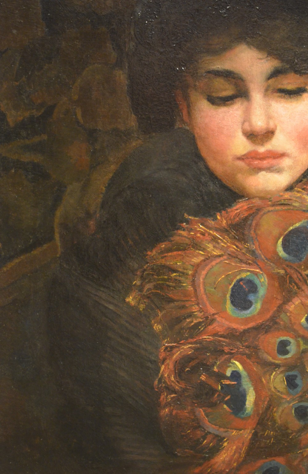 Beautiful 19th Century Oil portrait of a Parisian Lady with Peacock feather fan View IV
