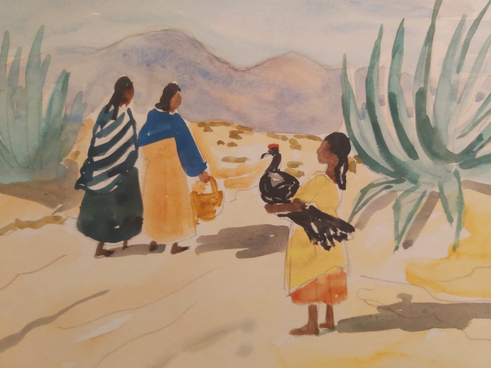 A framed watercolour painting depicting figures walking past agave plants in a desert landscape, presented in a gold-finished wooden frame with a cream mount. View III