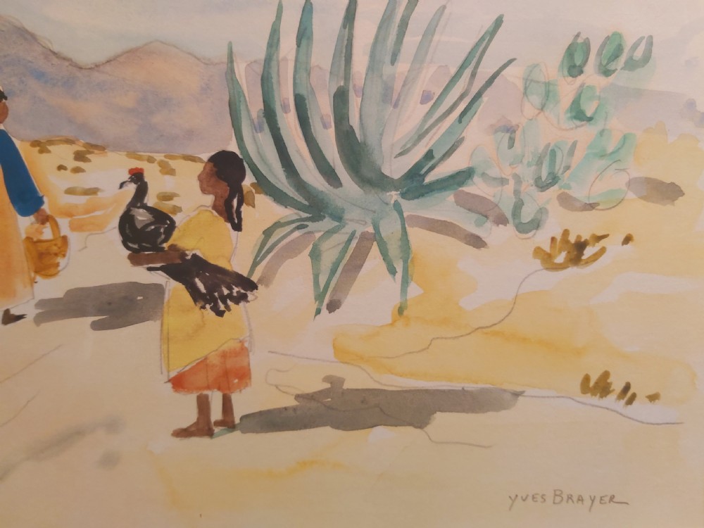 A framed watercolour painting depicting figures walking past agave plants in a desert landscape, presented in a gold-finished wooden frame with a cream mount. View IV