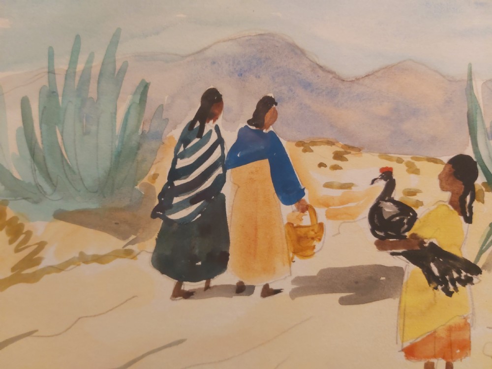 A framed watercolour painting depicting figures walking past agave plants in a desert landscape, presented in a gold-finished wooden frame with a cream mount. View V