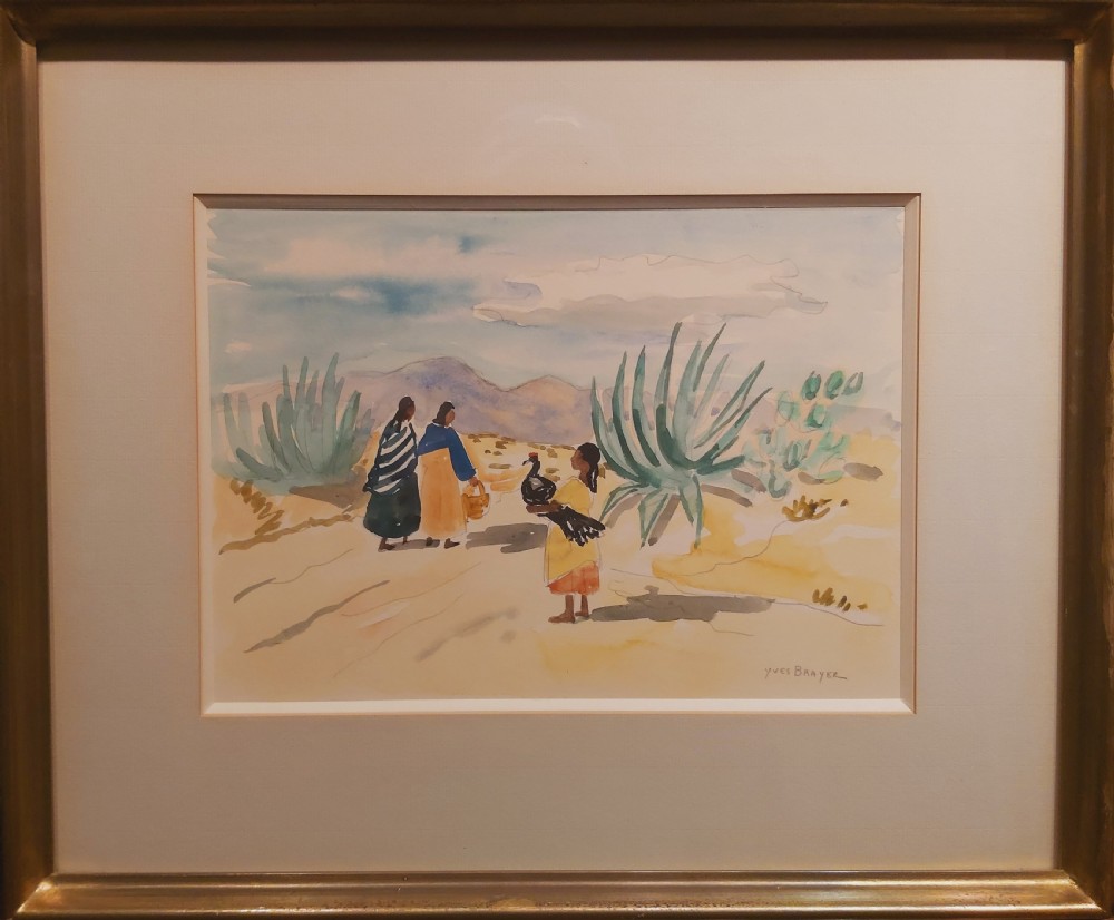 A framed watercolour painting depicting figures walking past agave plants in a desert landscape, presented in a gold-finished wooden frame with a cream mount. View VI
