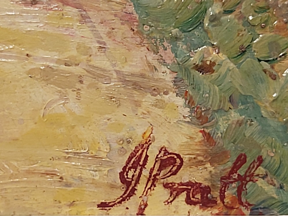 A framed impressionist landscape oil painting depicting a rural church, surrounding village buildings, lavender fields, and a dirt path. View II