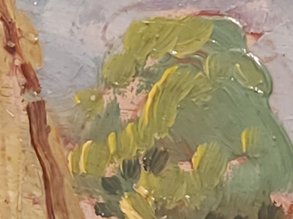 A framed impressionist landscape oil painting depicting a rural church, surrounding village buildings, lavender fields, and a dirt path. View VIII