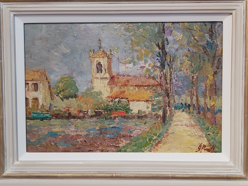 A framed impressionist landscape oil painting depicting a rural church, surrounding village buildings, lavender fields, and a dirt path. View XIV