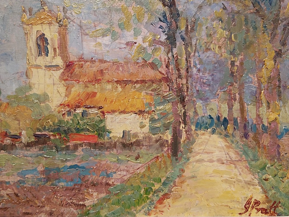 A framed impressionist landscape oil painting depicting a rural church, surrounding village buildings, lavender fields, and a dirt path. View XV