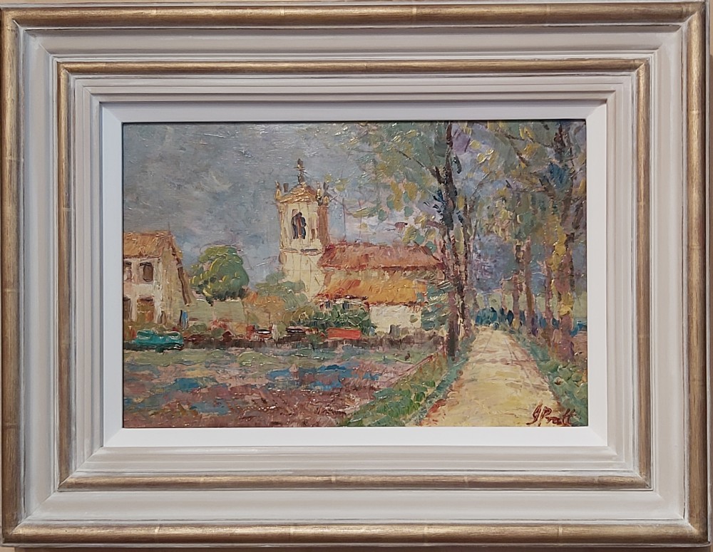 A framed impressionist landscape oil painting depicting a rural church, surrounding village buildings, lavender fields, and a dirt path. View VII