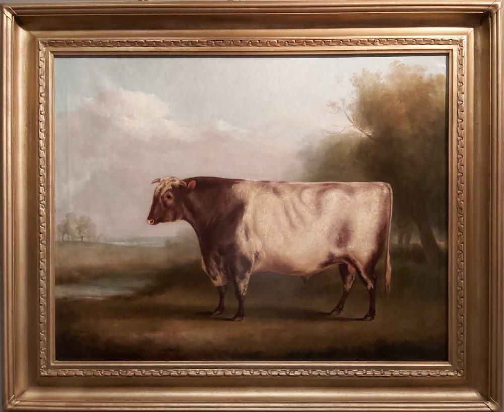 WILLIAM HENRY DAVIS (1786-1865), A PRIZE BULL STANDING IN A LANDSCAPE.