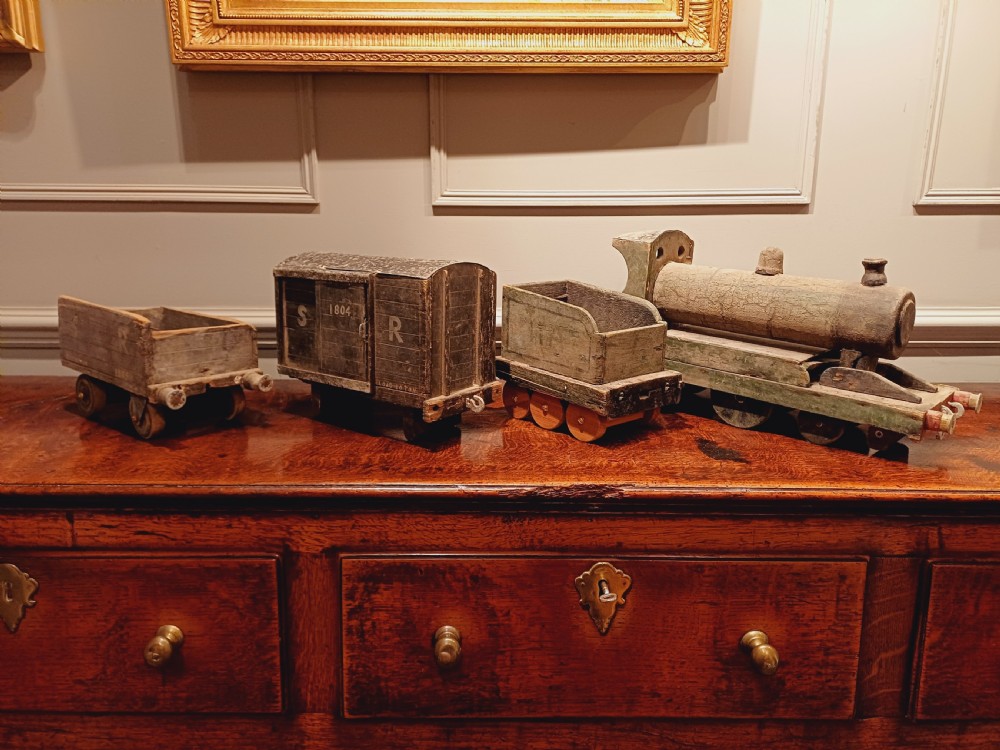Early 20th Century Folk Art Wooden Steam Train and carriages with signal RARE View IX