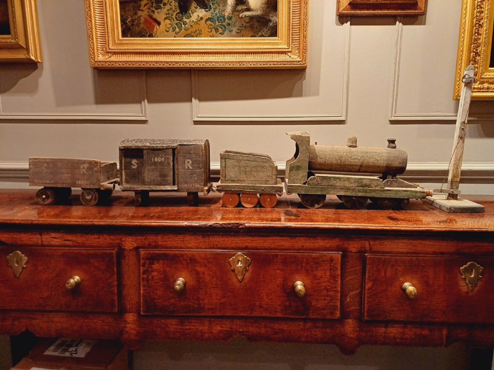Early 20th Century Folk Art Wooden Steam Train and carriages with signal RARE View XIV