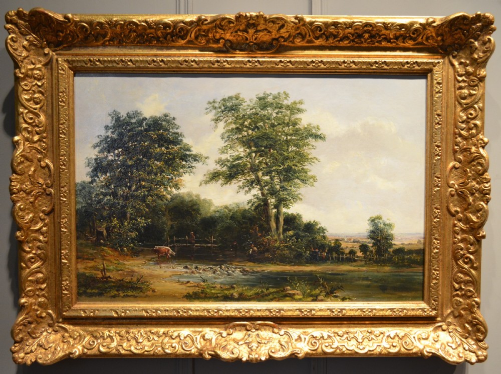 A pair of 19th-century oil paintings on canvas depicting peaceful English rural landscapes framed in elaborate gold giltwood frames. View II