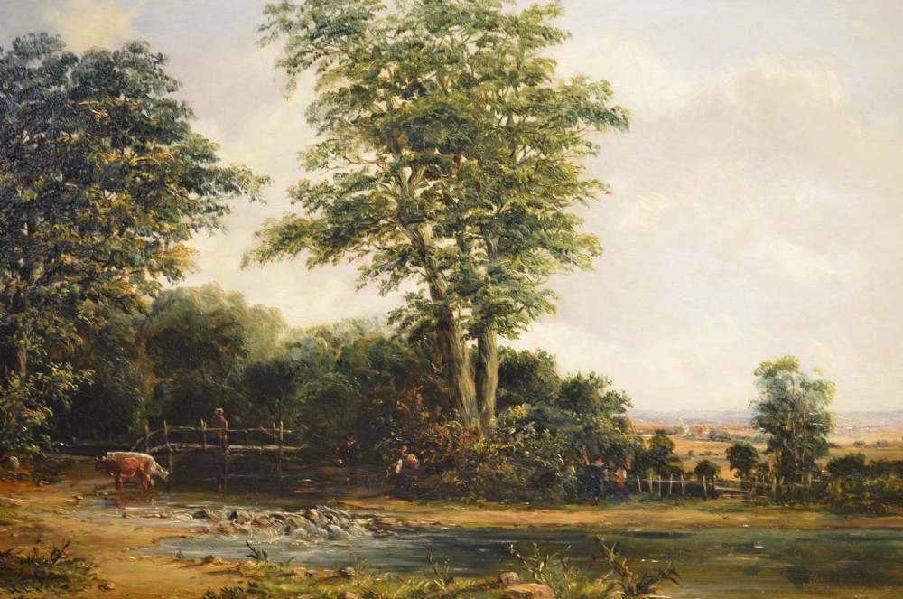 A pair of 19th-century oil paintings on canvas depicting peaceful English rural landscapes framed in elaborate gold giltwood frames. View V