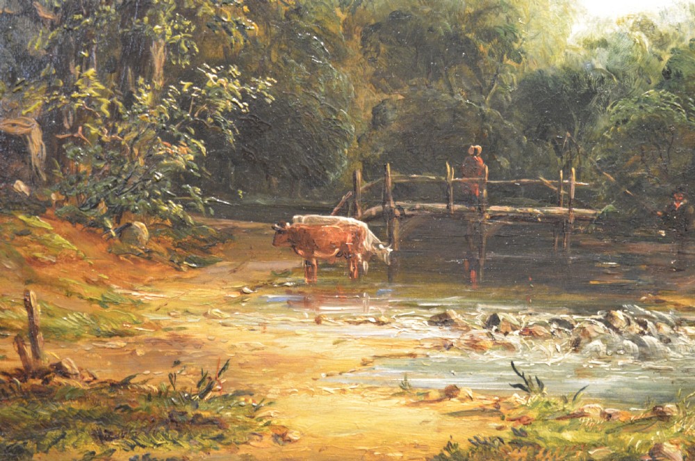 A pair of 19th-century oil paintings on canvas depicting peaceful English rural landscapes framed in elaborate gold giltwood frames. View VI