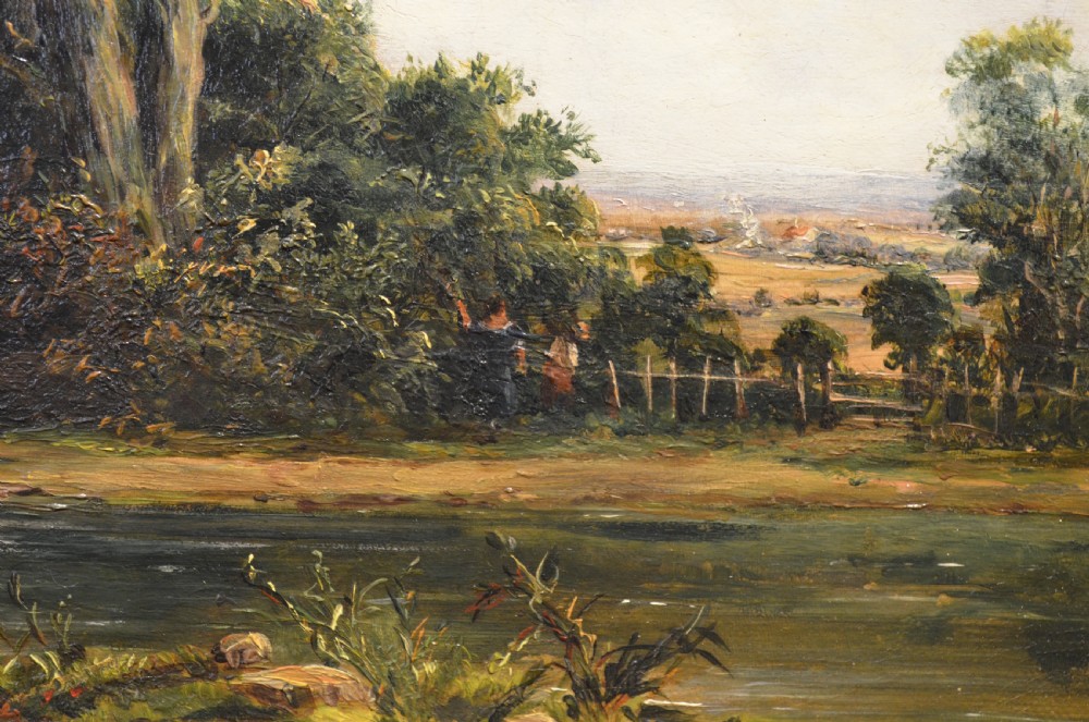 A pair of 19th-century oil paintings on canvas depicting peaceful English rural landscapes framed in elaborate gold giltwood frames. View VII