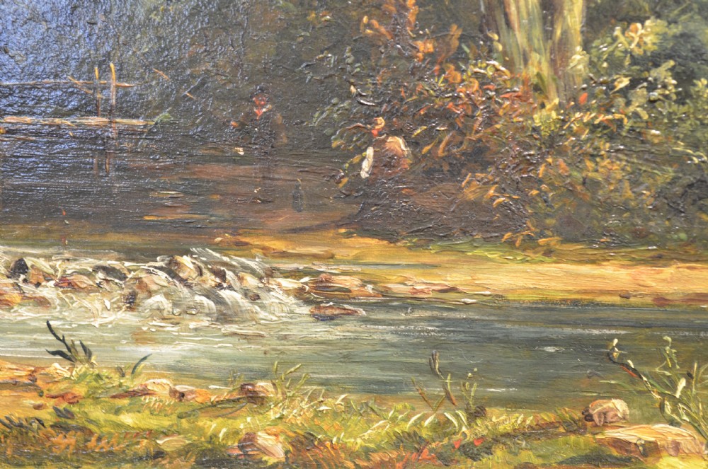 A pair of 19th-century oil paintings on canvas depicting peaceful English rural landscapes framed in elaborate gold giltwood frames. View VIII