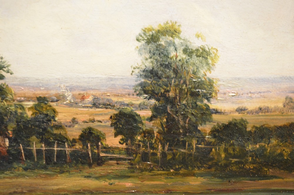 A pair of 19th-century oil paintings on canvas depicting peaceful English rural landscapes framed in elaborate gold giltwood frames. View IX