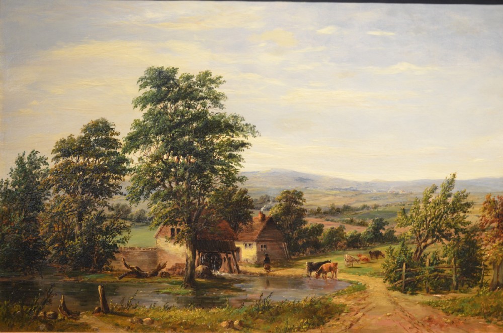 A pair of 19th-century oil paintings on canvas depicting peaceful English rural landscapes framed in elaborate gold giltwood frames. View XV
