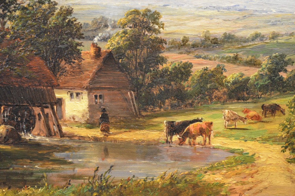 A pair of 19th-century oil paintings on canvas depicting peaceful English rural landscapes framed in elaborate gold giltwood frames. View XVI