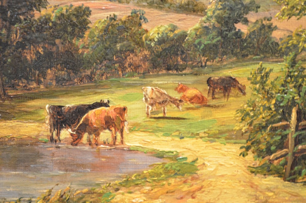 A pair of 19th-century oil paintings on canvas depicting peaceful English rural landscapes framed in elaborate gold giltwood frames. View XX