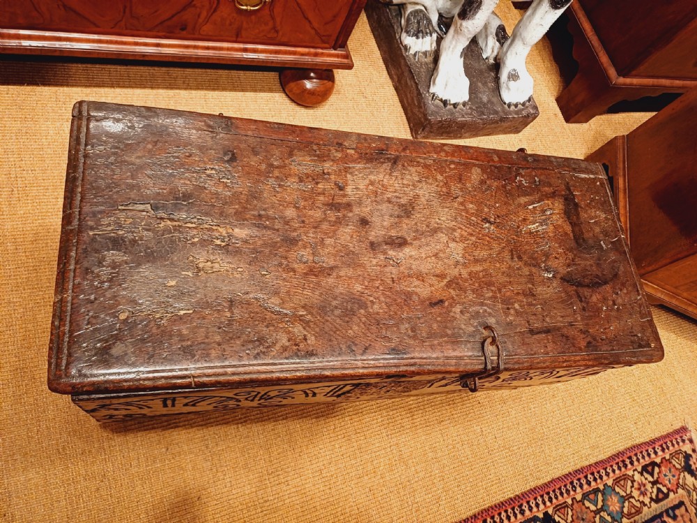 Beautiful late 17th Century Oak six plank Coffer of small proportions View XVI