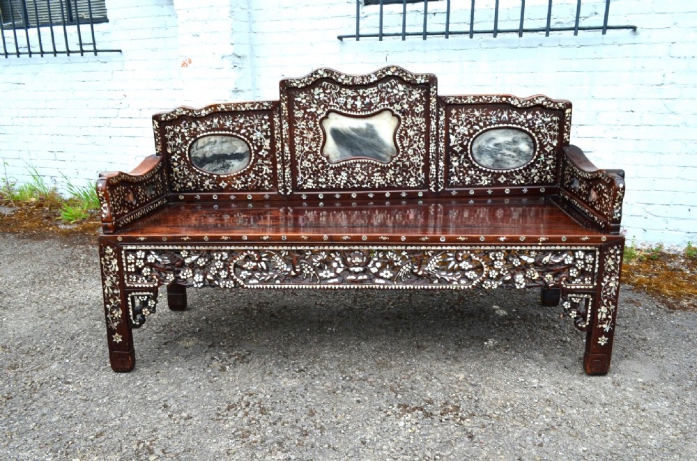 Unusual early 20th Century Large Chinese Export Bench inlaid with mother of pearl