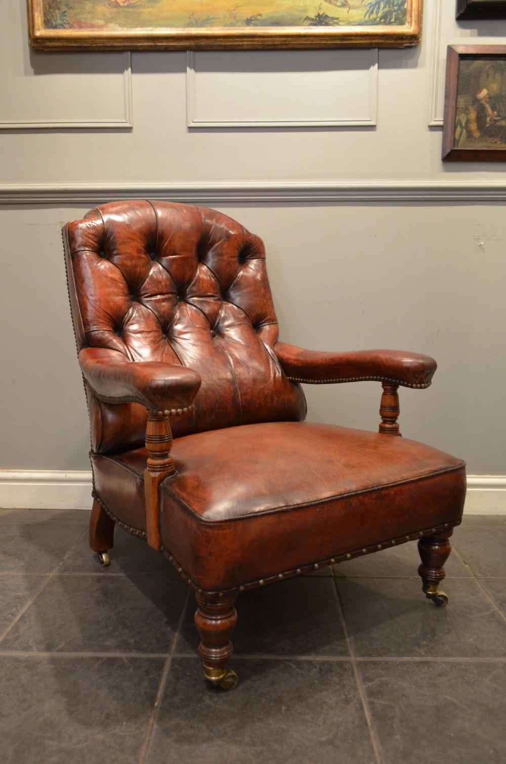 Beautiful Mid 19th Century Leather and Mahogany Library Chair