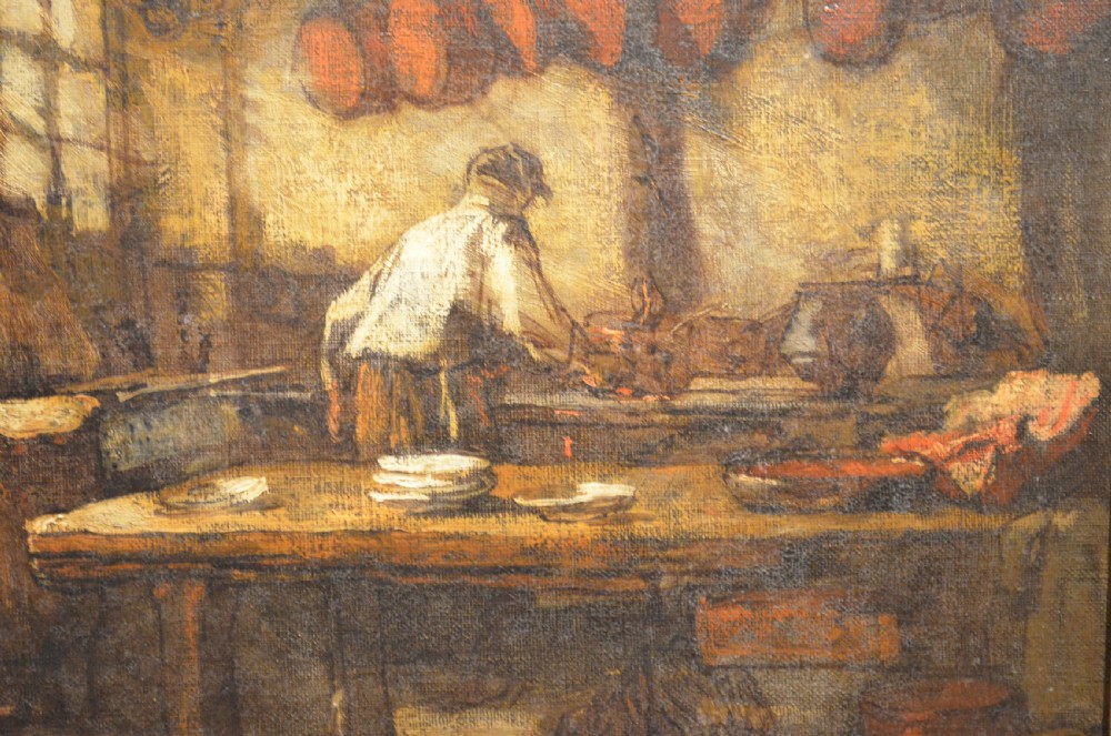 A 19th-century framed oil painting depicting a rustic interior scene with a figure near a table amidst hanging items. View IV