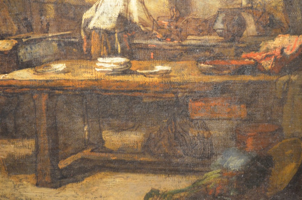 A 19th-century framed oil painting depicting a rustic interior scene with a figure near a table amidst hanging items. View V
