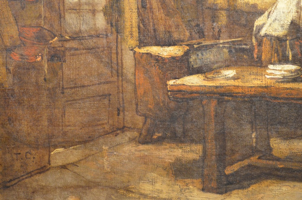 A 19th-century framed oil painting depicting a rustic interior scene with a figure near a table amidst hanging items. View VI