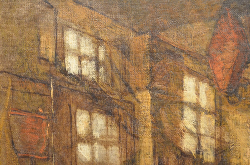 A 19th-century framed oil painting depicting a rustic interior scene with a figure near a table amidst hanging items. View VIII