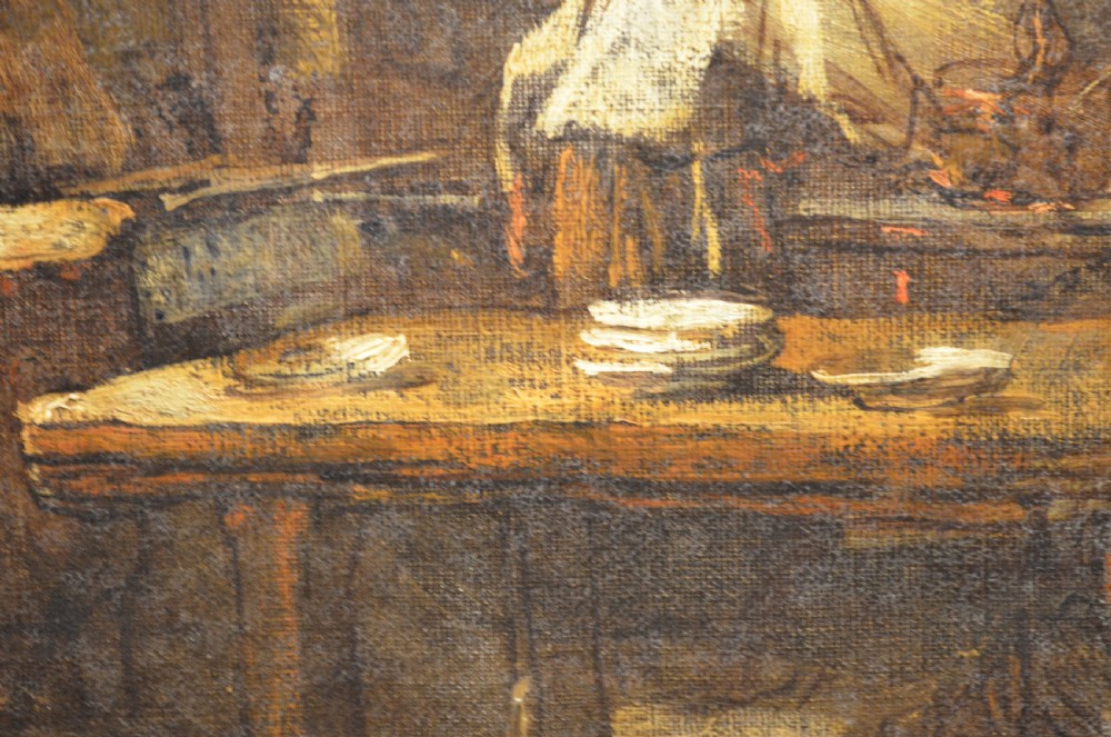 A 19th-century framed oil painting depicting a rustic interior scene with a figure near a table amidst hanging items. View IX