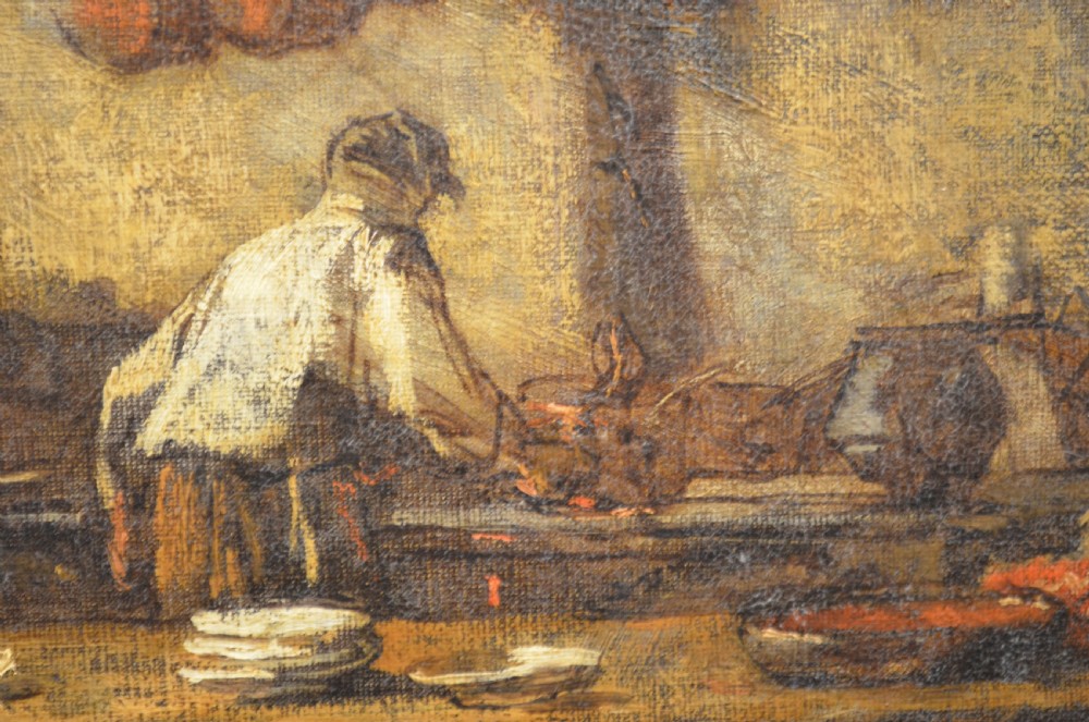 A 19th-century framed oil painting depicting a rustic interior scene with a figure near a table amidst hanging items. View X