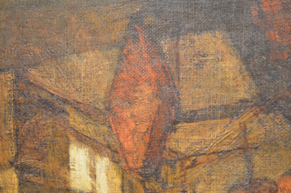 A 19th-century framed oil painting depicting a rustic interior scene with a figure near a table amidst hanging items. View XII