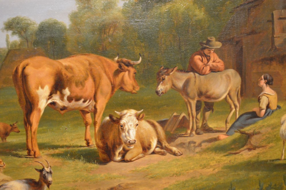 An antique framed Dutch pastoral oil painting depicting cattle, sheep, goats, a donkey, and figures in an open landscape under a cloud-filled sky. View VIII